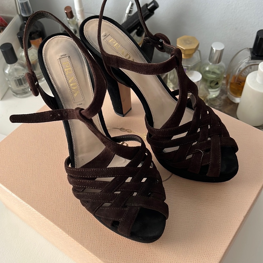 Prada suede platform strappy heels